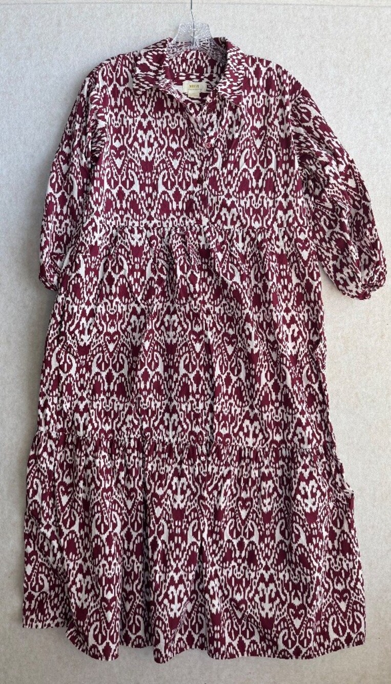Anthropologie Maeve Bettina Tiered Shirt Dress XS Burgundy Ikat Cotton Pockets